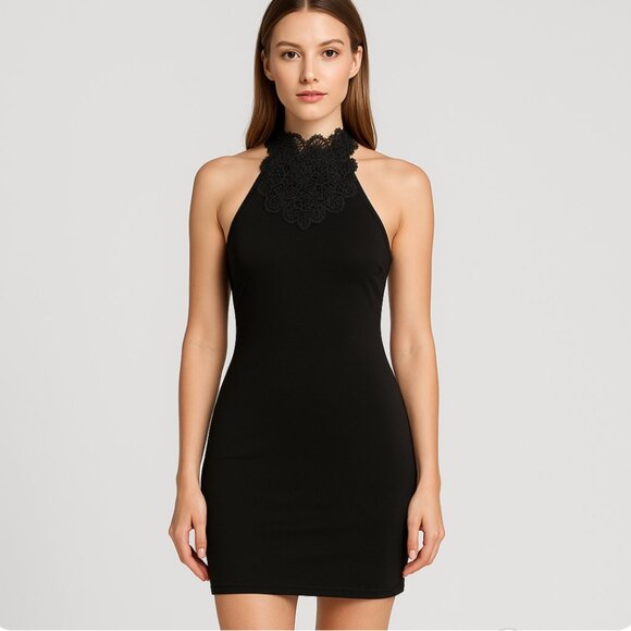 Black Lace Halter Mini Dress Size Small Fairy Grunge Gothic Bodycon Witchy Party - Picture 1 of 11